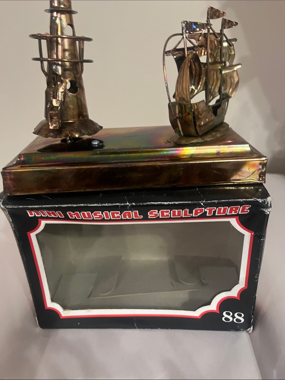 Mini Musical Sculpture - Iridescent Brass Lighthouse & Ship